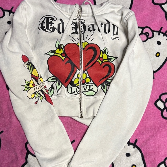 Ed Hardy Jackets & Blazers - Cropped Ed Hardy White Jacket with Red Heart and Skull Back
